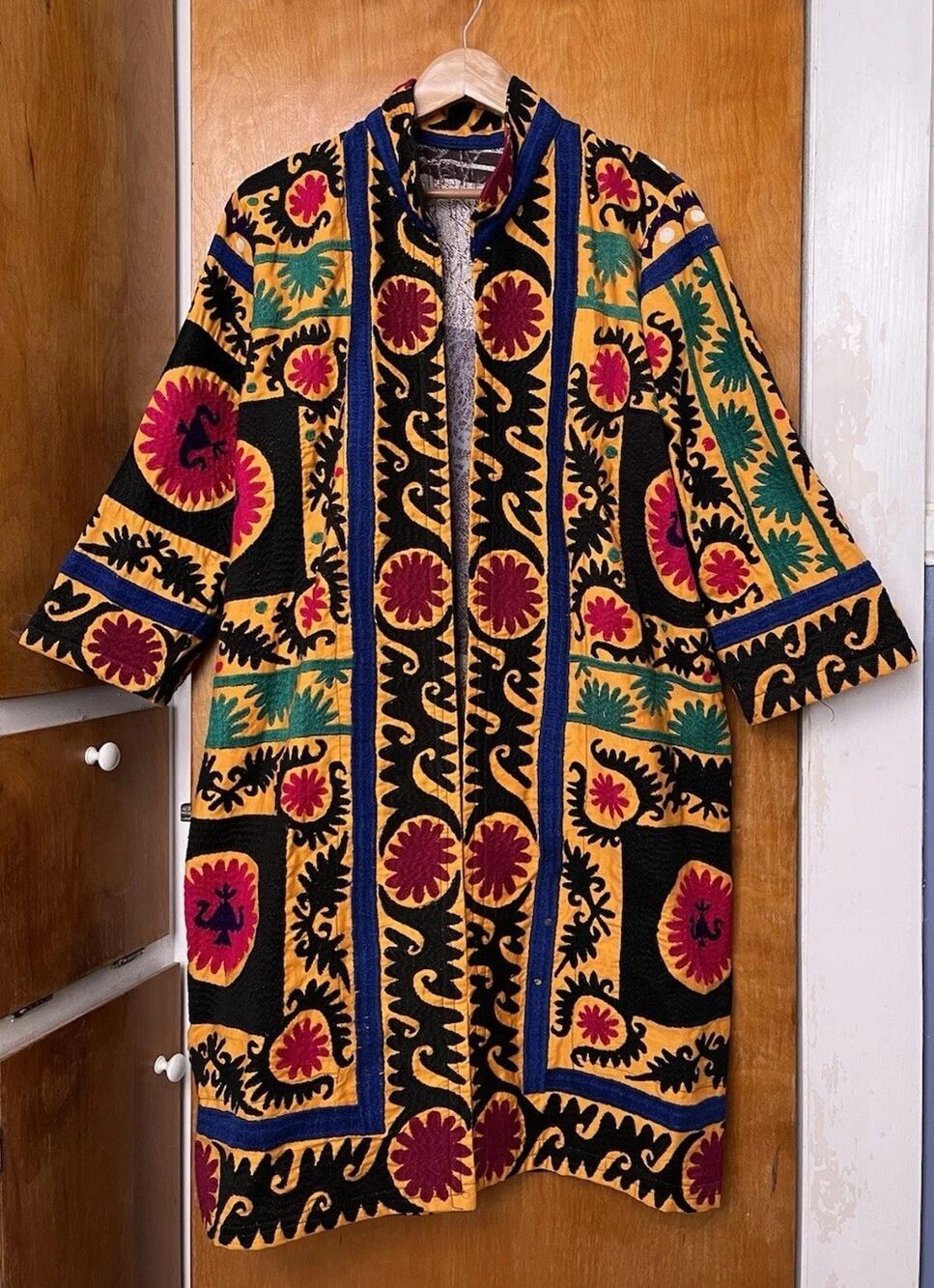 Vintage Embroidered Suzani Chapan Coat Kimono Robe Artsy Long Jacket Boho Uzbek